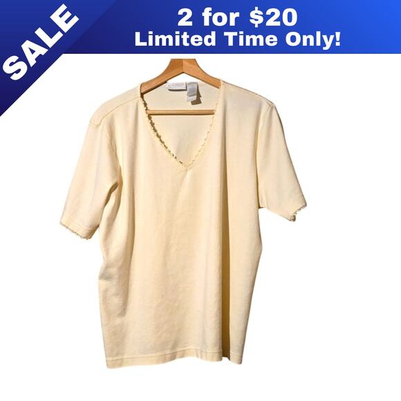 [Sale: 2 for $20!] Elizabeth Claiborne Beaded V-Neck Tee | Cream | XL [0046] - Picture 1 of 9